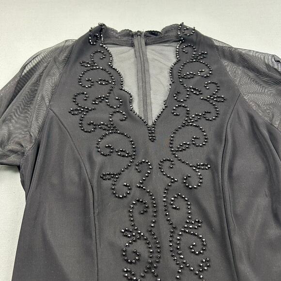 Vintage Beaded Blouse Black Sheer Long Sleeve Deep V-Neck Shirt Scallop Date - Picture 6 of 11